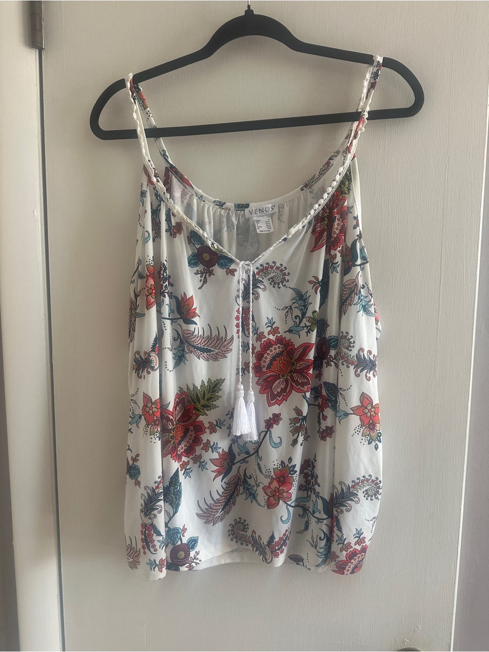 VENUS White Floral Tassel Camisole with Red & Teal Print